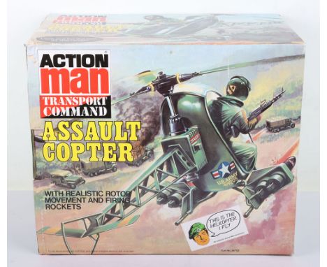 Palitoy Action Man Transport Command Assault Copter, Cat No 34752, with realistic rotor movement and firing rockets, in mint 