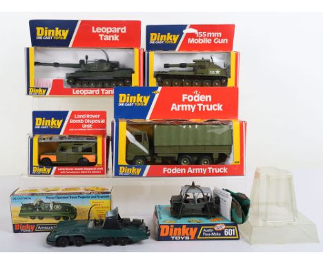 Six Dinky Toys Military Models, 601 Austin Para-Moke, complete with parachute & leaflet, 602 Armoured Command Car designed by