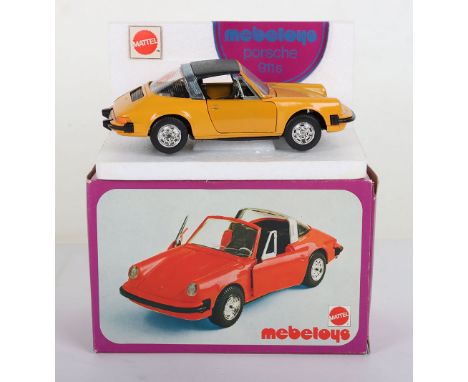 Mebetoys (Italy) Mattel Porsche 911S, no.8573, 1:25 scale, orange body, black interior/roof in mint original condition, polys