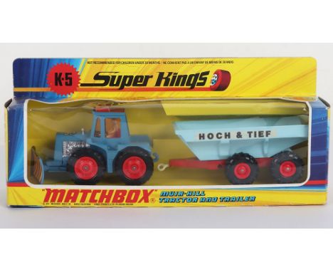 Scarce Matchbox SuperKings K-5 Muir Hill Tractor and Trailer German Export Issue HOCH & TIEF, in mint boxed original conditio