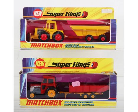 Two Matchbox SuperKings K-3 Massey Ferguson Tractor & Trailer, red/grey/white tractor, yellow plastic wheels, yellow /red tra