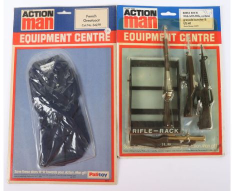 Two Palitoy Action Man Equipment Centre Carded items, circa 1975, stores Number 34272 Rifle Rack with M16 Rifle, Carbine gren