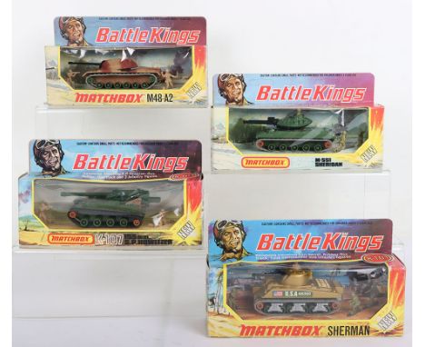 Four Matchbox Battle Kings, K-101 Sherman Tank, gold body,  K-102 M48  desert camouflaged tank, K-107 155mm. S.P. Howitzer gl