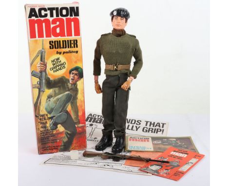 Action Man Boxed Vintage Soldier by Palitoy, Cat No.34052 with realistic brown hair, gripping hands, contents: Action man Fig