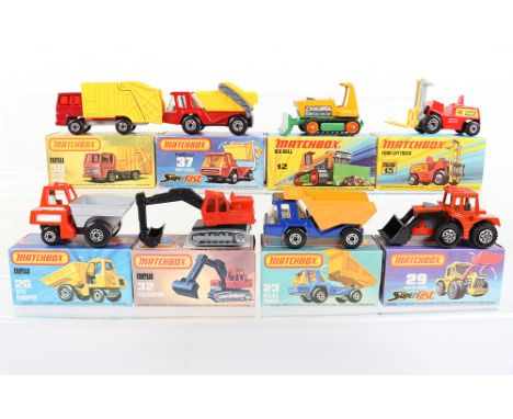 Eight  Matchbox Lesney Superfast Commercial Boxed Models, England: MB-12 Big Bull, orange rollers,MB-15 Fork Lift Truck, yell