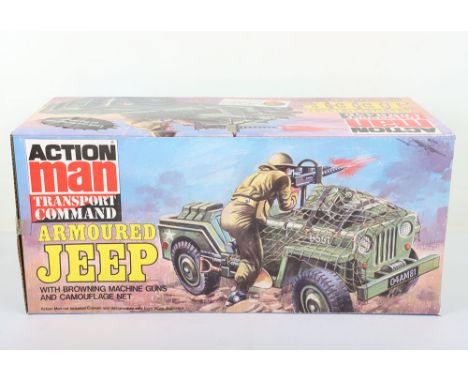 Palitoy Action Man Transport Command Armoured Jeep. Cat No 34753, with Browning machine guns and camouflage net, in mint boxe