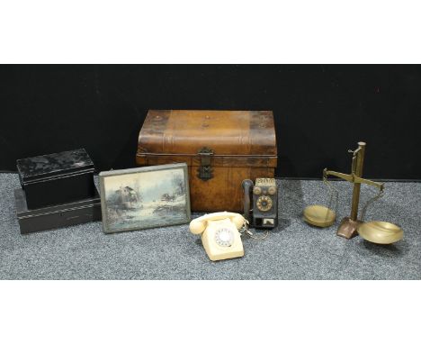 Boxes &amp; Objects - a set of W &amp; T Avery brass class B 8.0oz balance scales, dished circular pans, tapering base;  tin 