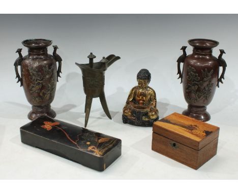 Boxes and Objects - a gilt cast metal statue of Buddha, seated, 15cm high; a Japanese lacquered box etc (6) 