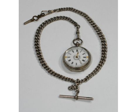 A silver fob watch with enamel face and Roman numerals, a silver chain (102.7g) 