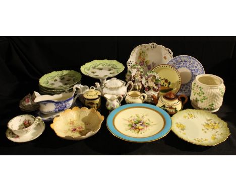 A Royal Worcester hand painted comport; a Derby Pembroke pattern plate; a French dessert service; a pair of continental style