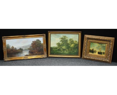 Pictures and Prints - * W Reeves, 20th century, Misty River Valley, oil on canvas, signed 50cm x 100cm;  Dutch River Barges p