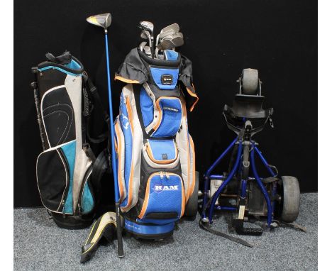 Sport, Golf - a Ram golf caddy bag with various golf clubs including a Sumo SQ driver, Taylor Made Supersteel Burner, White H