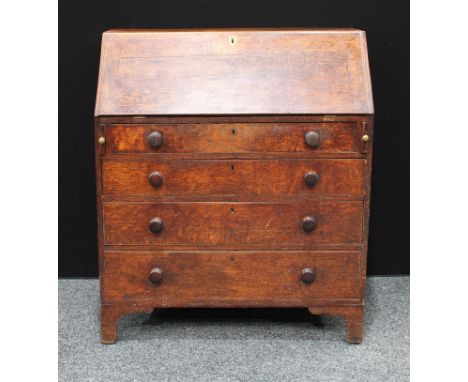 A George III oak bureau, fall front enclosing interior, one short above three graduated drawers, bracket feet, 105cm high, 91