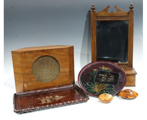 An Edwardian hall mirror with hinged glove box, 54cm; a speaker; a carved Japanese tray; another; two turned treen pots and c