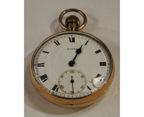 A 9ct rose gold open face pocket watch, CYMA, white enamel face, Roman numerals, subsidiary seconds dial, marked 375, 67.3g a