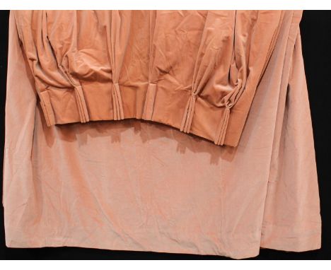 Textiles - a large pair of peach cotton velvet curtains, pinch pleat tops 
