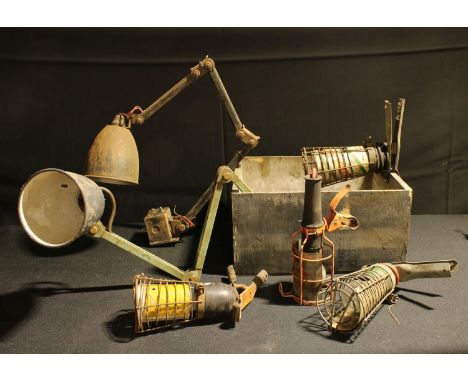 Industrial Salvage - Lighting - a mid 20th century industrial/workshop lamp, adjustable with wall/desk mount base;  another s