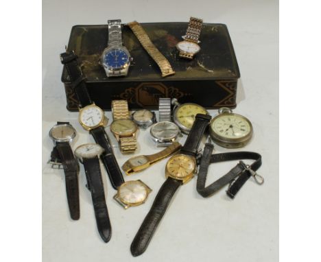 An Amida white metal chronograph pocket watch, Roman numerals to dial; wristwatches including Rotary, Montine, Oris etc 