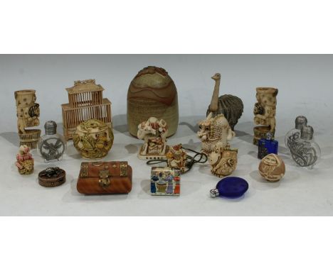 A pair of novelty resin chess pieces; other resin models, Jardinia, etc; glass snuff bottles; pill box and cover; ostrich mod
