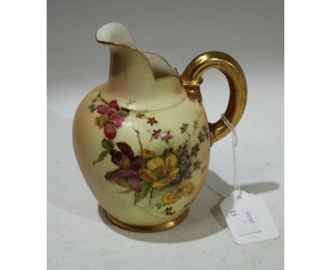 A Royal Worcester blush ivory jug, hand painted with flowers, date marks 1899, 13.5cm high 