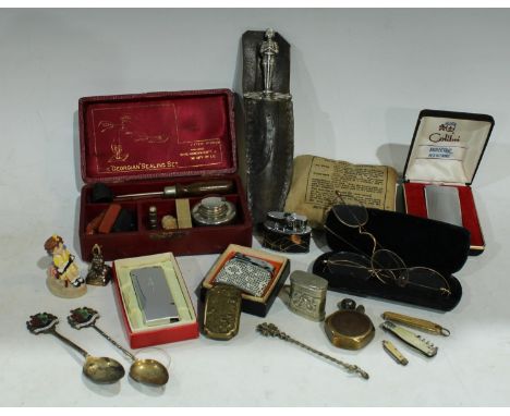 Boxes &amp; Objects - an early 19th century gold plated seal fob with monogram; a later wax seal set, boxed; two pair of gold