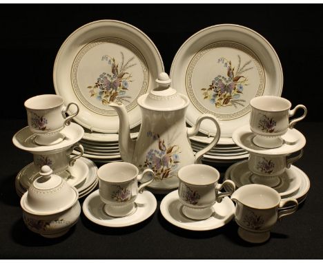 A Denby dinner and coffee set printed with butterflies, including coffee pot, milk jug and sugar bowl, cups and saucers, tea 