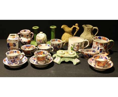 Mason Ironstone - an early to mid 19th century Imari sauce boat;  similar cups and saucers;  a panelled mug, serpent handle, 