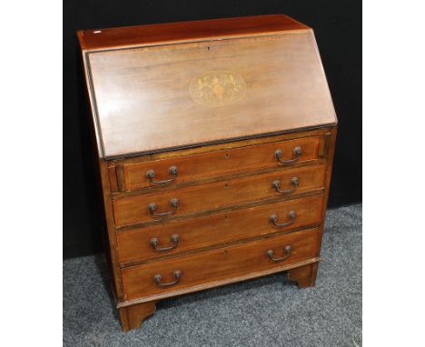 An Edwardian mahogany inlaid Sheraton revival fall front bureau, four graduated drawers, bracket feet, 96cm high, 76cm wide 
