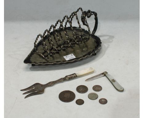 A silver and mother-of-pearl fruit knife; an Arts and Crafts silver plated toast rack, as a leaf; an EPNS pickle fork; a few 