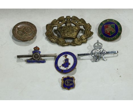 Badges - militaria, brass cap badge, Royal Artillery brooch, Special War Service Coventry Ordnance Works; enamel brooch, I am