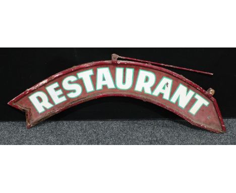 An arched arrow shaped cast iron sign, Restaurant, double sided, approx. 125cm wide 