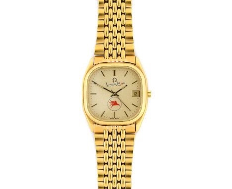 Omega: A Gold Plated Automatic Calendar Centre Seconds Wristwatch with a "Mobil Oil Winged Pegasus logo" Dial, signed Omega, 
