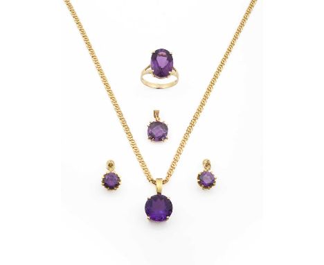 A Small Quantity of Amethyst Jewellerycomprising of a round cut amethyst pendant on chain, a faceted amethyst pendant, an ova