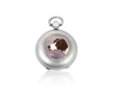 circular and with suspension loop, the hinged cover and base engine turned, the cover applied with a circular plaque enamelle