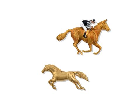Two 9 Carat Gold Novelty Broochesone depicting a plain polished galloping horse, the other a horse and jockey enamelled in bl