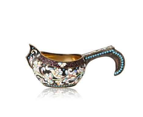 of typical form with angular handle, overall decorated with shaded vari-colour cloisonne enamel flowers and foliage on a matt