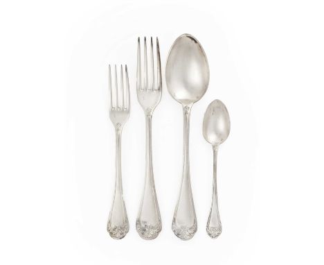 each piece with foliage stamped handle, engraved with initials, comprising:12 table-spoons12 table-forks, silver plate 12 des