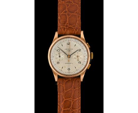 Orator: An 18 Carat Gold Chronograph Wristwatch, signed Orator, circa 1950, manual wound lever movement, dust cover, silvered
