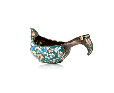 of typical form with angular handle, overall decorated with shaded vari-colour cloisonne enamel flowers and foliage on a gree