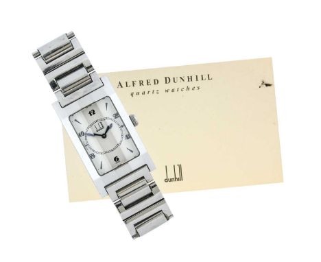 Dunhill: A Stainless Steel Rectangular Shaped Wristwatch, signed Dunhill, circa 1995, manual wound lever movement, white dial
