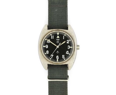 CWC: A British Military Centre Seconds Wristwatch, signed CWC, issued in 1976, manual wound lever movement, black dial with l
