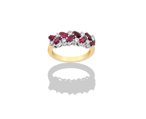 An 18 Carat Gold Ruby and Diamond Half Hoop Ringthe marquise cut rubies in a zig-zag formation spaced by round brilliant cut 