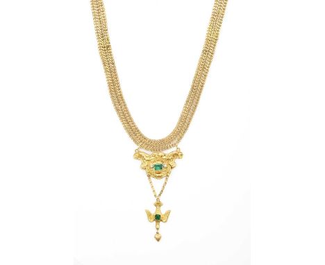 An Emerald and Split Pearl Necklacethe elaborate yellow scroll set centrally with an emerald-cut emerald flanked by split pea