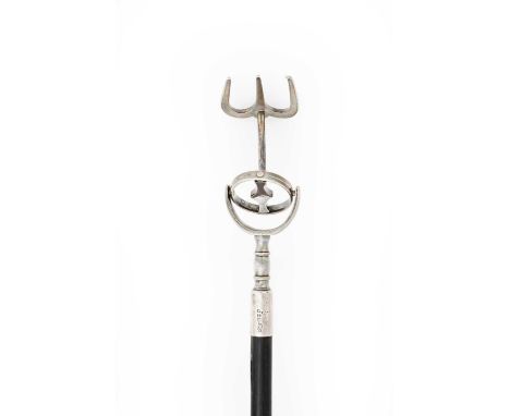 the ebonised wood handle with plain silver cap, with gimbal-mounted three-prong fork88.5cm longFully marked on each end. The 