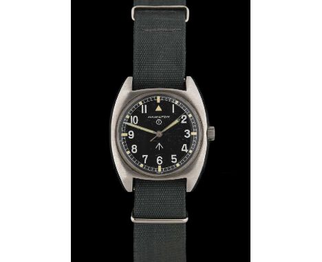 Hamilton: A British Military Centre Seconds Wristwatch, signed Hamilton, issued in 1975, lever movement, black dial signed an