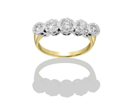 An 18 Carat Gold Diamond Five Stone Ringthe round brilliant cut diamonds in white crimped settings, to a yellow tapered shoul