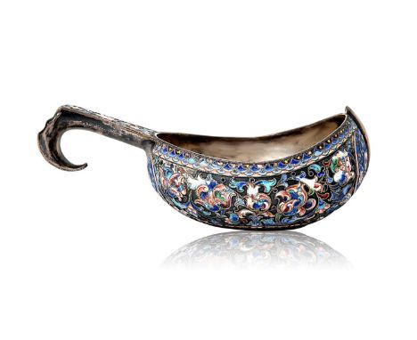 of typical form with angular handle, overall decorated with shaded vari-colour cloisonne enamel flowers and foliage on a matt