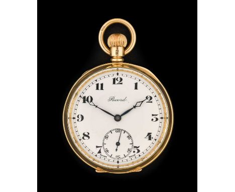 Record: A 9 Carat Gold Open Faced Pocket Watch, signed Record, 1922, manual wound lever movement signed and numbered 76689, s