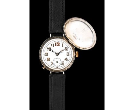 A Silver Full Hunter "Trench" Wristwatch, 1916, manual wound lever movement, enamel dial with Arabic numerals, seconds dial, 