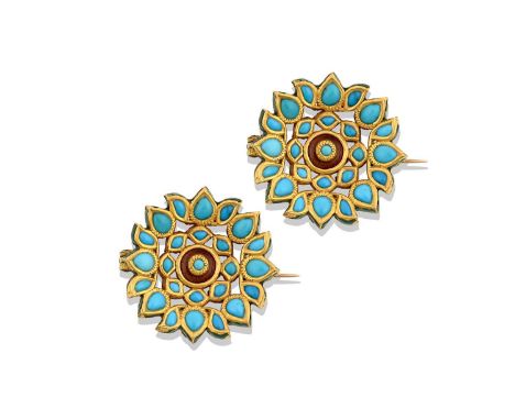 A Pair of Jaipur Enamel and Turquoise Broochesthe floral motif set throughout with vari-shaped cabochon turquoise, in yellow 